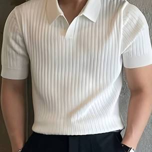 SKHAN CLOTHING ARTICLE # 1910 Men's Stripe Pattern Medium Stretch Short Sleeve Lapel Sweater