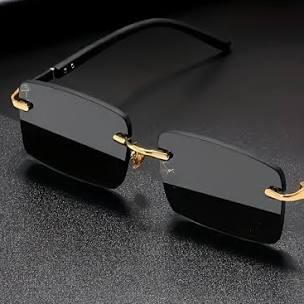 SKHAN CLOTHING ARTICLE # 1911 Retro Square Frameless Glasses - Black with Golden Accents, Lightweight Comfortable Unisex